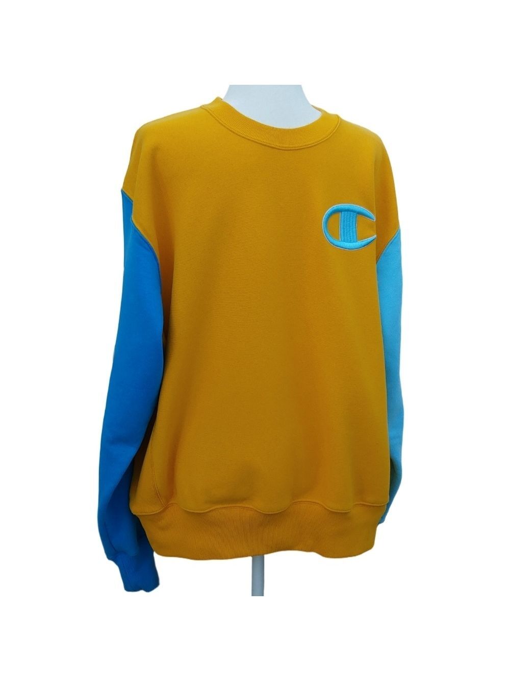 Champion Men's Embroidered Reverse Weave Crewneck in Mustard Teal size Large - Picture 6 of 15